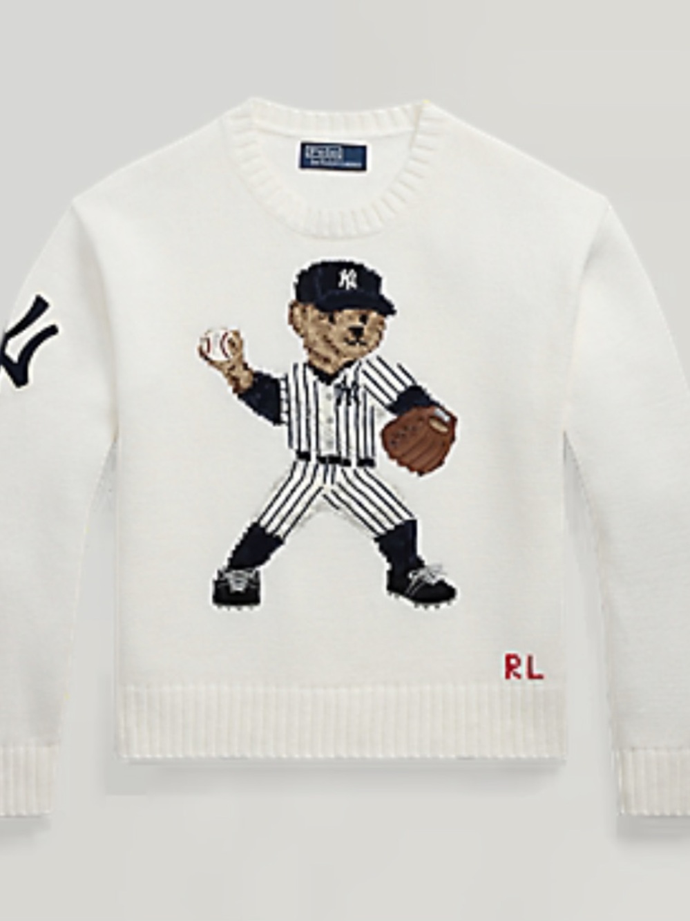 Ralph Lauren White Polo Bear Yankees Baseball Crewneck Sweater